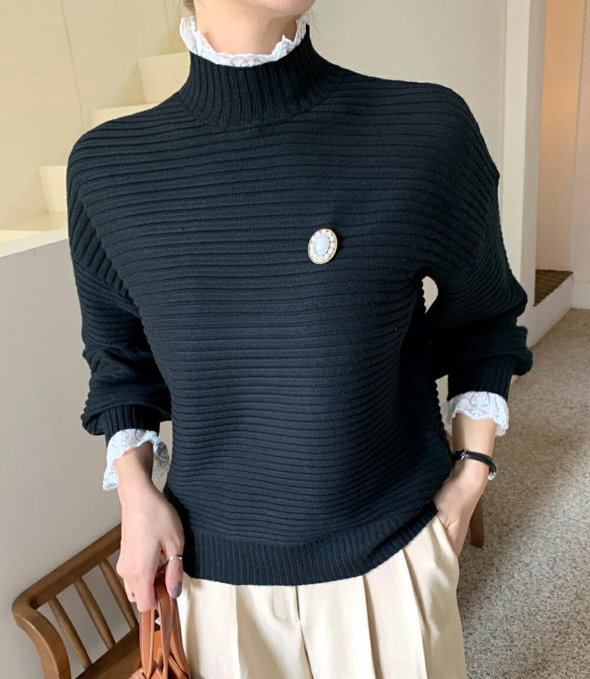 レースフリルリブニット・全3色・b70941 レディース 【tops】トップス ニット 年上 リブニット 長袖 フリルネック 襟コンシャス レース 可愛い かわいい 大人 カジュアル 秋 冬 韓国ファッション ハイホリHIHOLLI