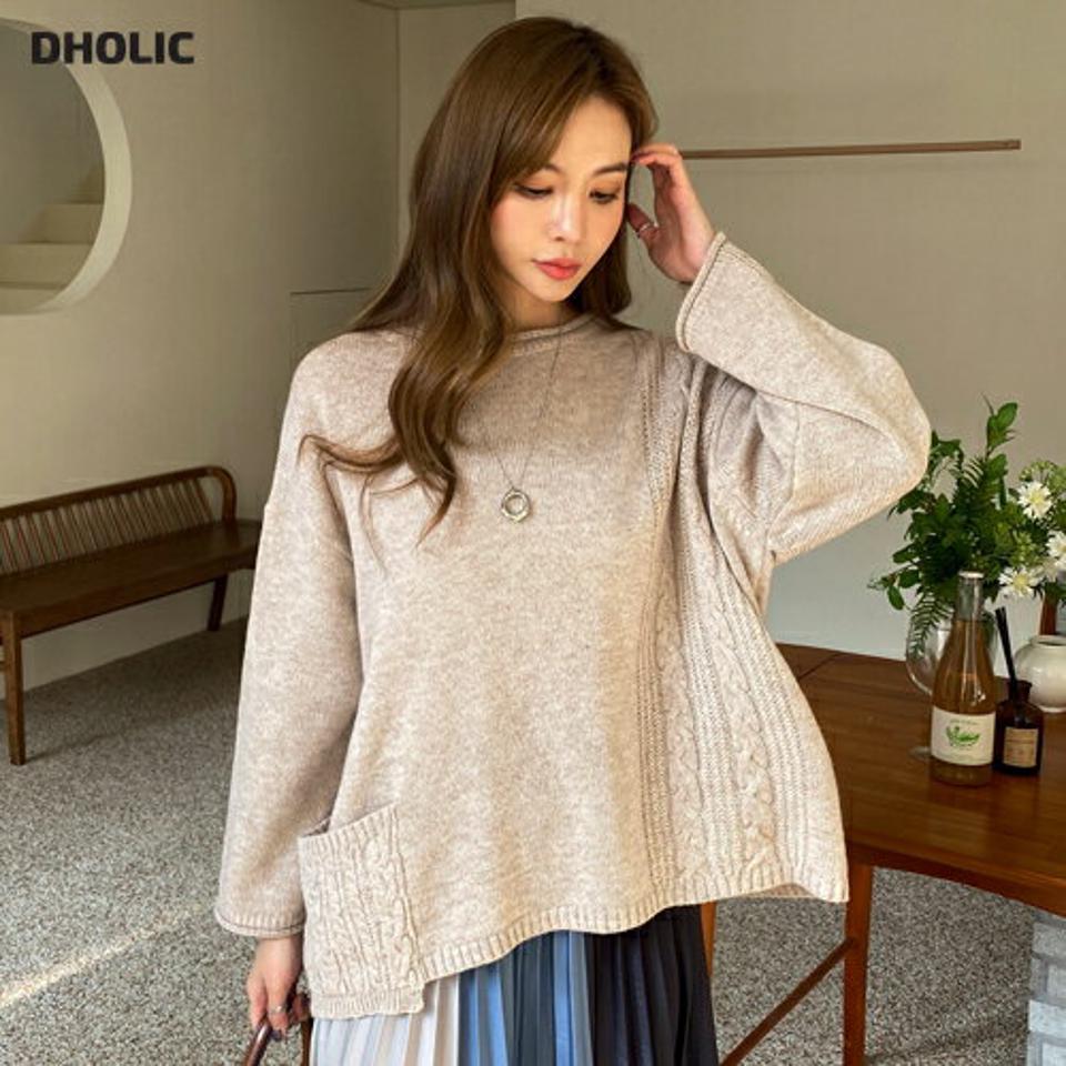 ツイストポケットニット・全3色・b70943 レディース 【tops】トップス ニット 長袖 ツイスト ポケット シンプル 単色 ウール カジュアル 大人 ラフ ゆったり 冬 韓国ファッション ハイホリHIHOLLI
