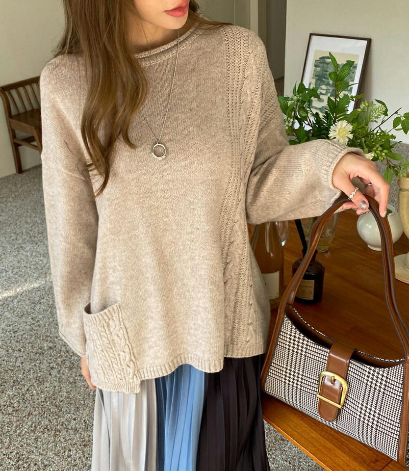 ツイストポケットニット・全3色・b70943 レディース 【tops】トップス ニット 長袖 ツイスト ポケット シンプル 単色 ウール カジュアル 大人 ラフ ゆったり 冬 韓国ファッション ハイホリHIHOLLI