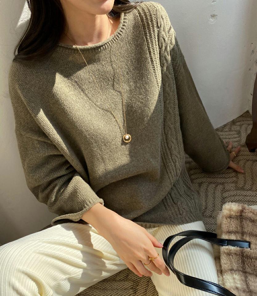 ツイストポケットニット・全3色・b70943 レディース 【tops】トップス ニット 長袖 ツイスト ポケット シンプル 単色 ウール カジュアル 大人 ラフ ゆったり 冬 韓国ファッション ハイホリHIHOLLI