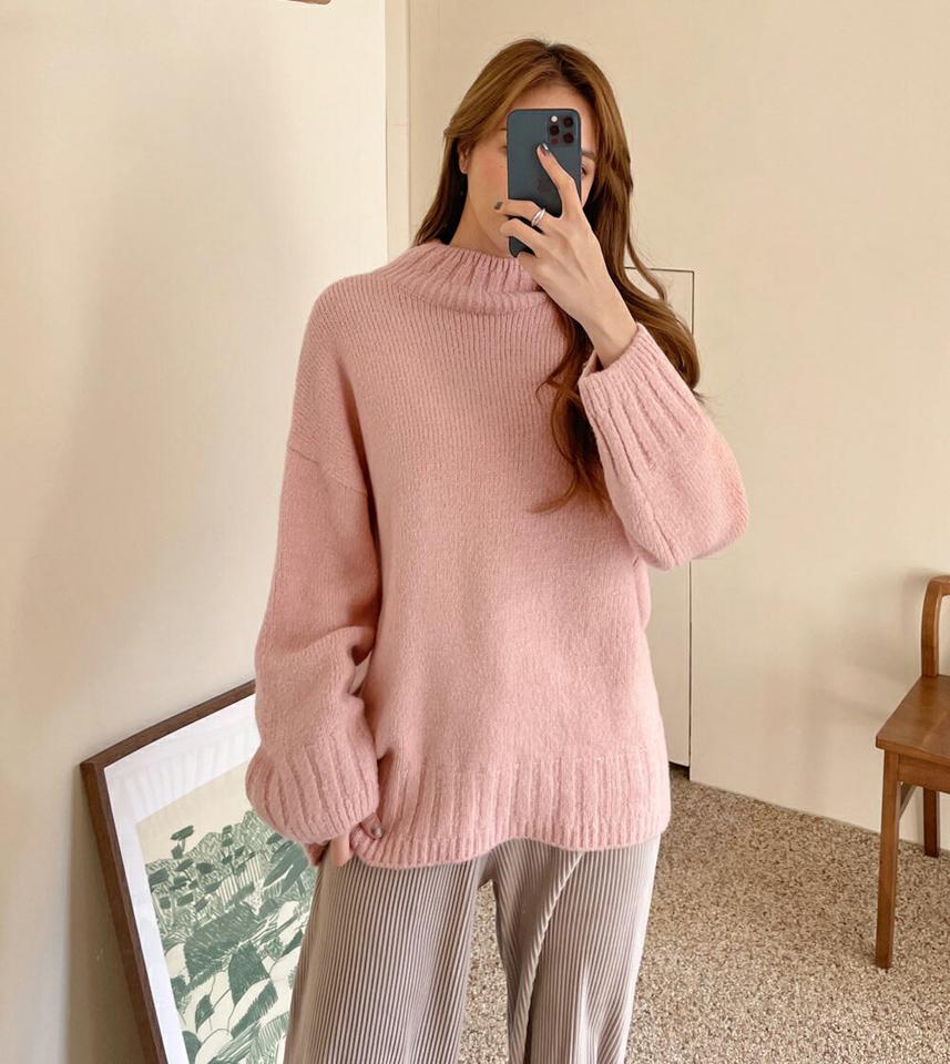 ハーフネックルーズニット・全4色・t70944 レディース 【tops】トップス ニット 長袖 ハーフネック ルーズ ゆったり 単色 無地 シンプル 大人 カジュアル ベーシック ラフ 編み ウール 冬 韓国ファッション ハイホリHIHOLLI