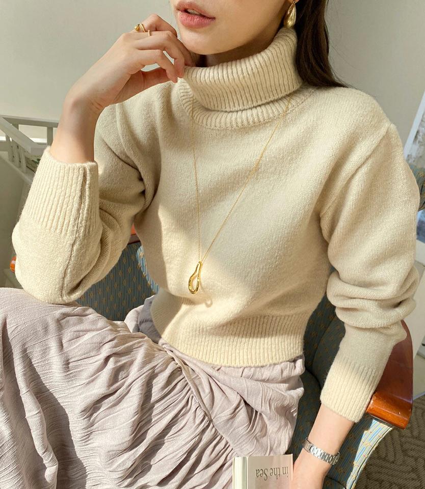リブタートルネッククロップドニット・全6色・t70945 レディース 【tops】トップス ニット 長袖 タートルネック ハイネック リブ 単色 無地 シンプル ベーシック 大人 カジュアル クロップド丈 短丈 冬 韓国ファッション ハイホリHIHOLLI