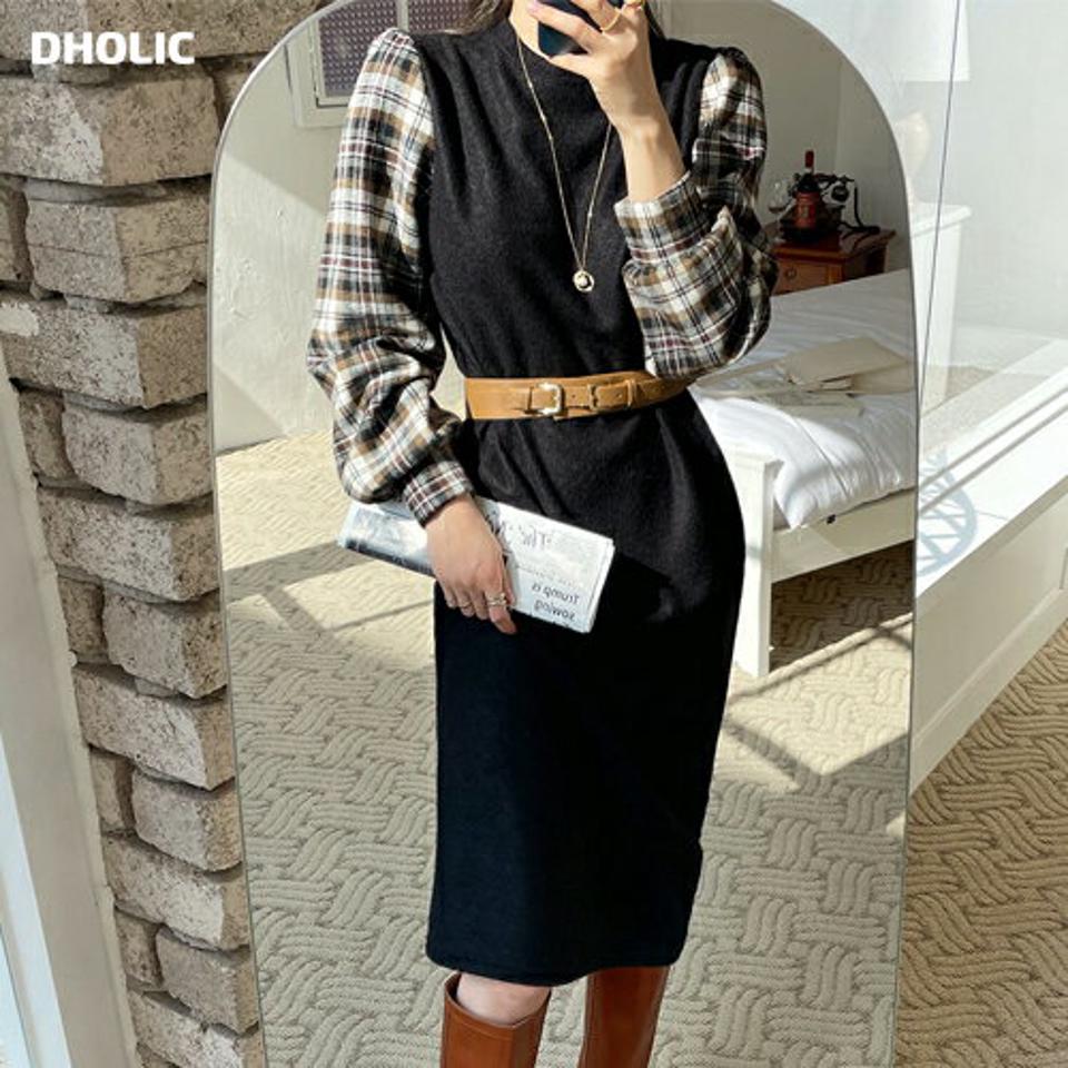 ストラップ付チェックスリーブワンピース・全2色・b70947 レディース 【ops】ワンピース ロング丈 ロングワンピース 長袖 チェック柄 ストラップ ストレーと ウエストマーク パフスリーブ パフ袖 大人 ウール 秋 冬 韓国ファッション ハイホリHIHOLLI
