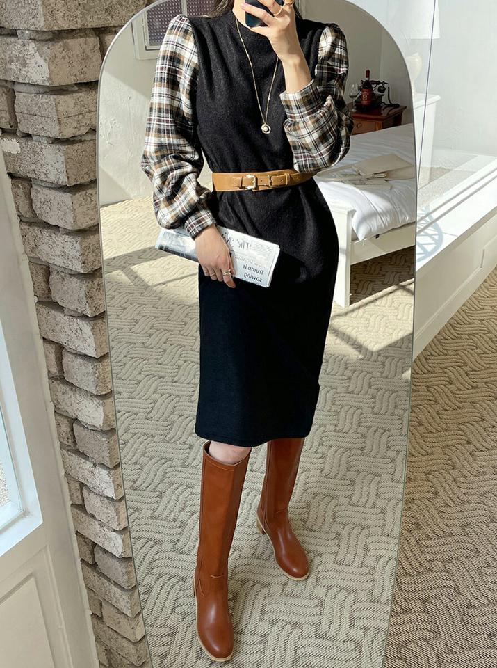 ストラップ付チェックスリーブワンピース・全2色・b70947 レディース 【ops】ワンピース ロング丈 ロングワンピース 長袖 チェック柄 ストラップ ストレーと ウエストマーク パフスリーブ パフ袖 大人 ウール 秋 冬 韓国ファッション ハイホリHIHOLLI