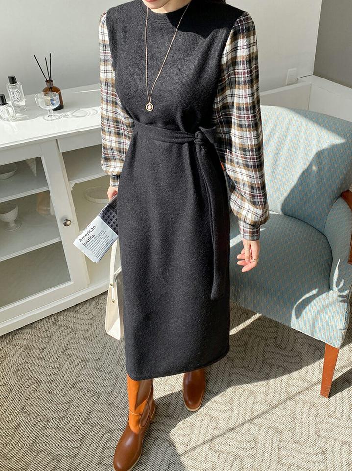 ストラップ付チェックスリーブワンピース・全2色・b70947 レディース 【ops】ワンピース ロング丈 ロングワンピース 長袖 チェック柄 ストラップ ストレーと ウエストマーク パフスリーブ パフ袖 大人 ウール 秋 冬 韓国ファッション ハイホリHIHOLLI