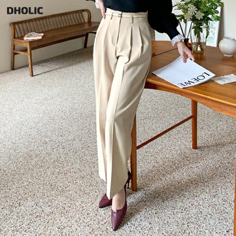ベルト付ツータックスラックスパンツ・全3色・t70994 レディース 【pt】パンツ スラックス ズボン ロングパンツ 単色 無地 シンプル ハイウエスト ポケット ベルト 大人 オフィスカジュアル きれいめ 秋 冬 韓国ファッション ハイホリHIHOLLI