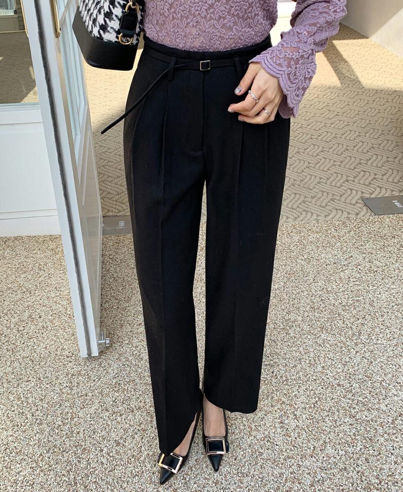 ベルト付ツータックスラックスパンツ・全3色・t70994 レディース 【pt】パンツ スラックス ズボン ロングパンツ 単色 無地 シンプル ハイウエスト ポケット ベルト 大人 オフィスカジュアル きれいめ 秋 冬 韓国ファッション ハイホリHIHOLLI