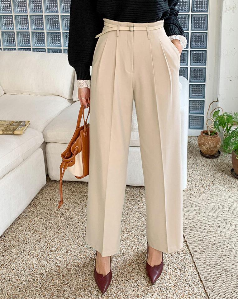 ベルト付ツータックスラックスパンツ・全3色・t70994 レディース 【pt】パンツ スラックス ズボン ロングパンツ 単色 無地 シンプル ハイウエスト ポケット ベルト 大人 オフィスカジュアル きれいめ 秋 冬 韓国ファッション ハイホリHIHOLLI