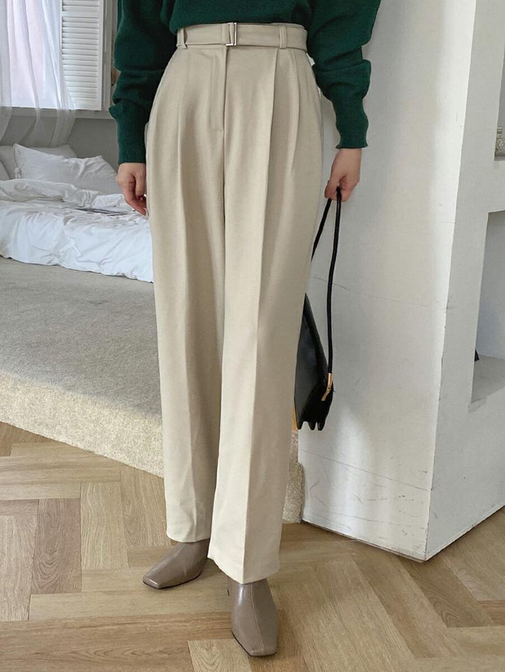 ベルト付ワイドスラックスパンツ・全2色・t70976 レディース 【pt】スラックス パンツ ズボン ロングパンツ 長ズボン ベルト ワイドスラックス 単色 無地 シンプル ベーシック 大人 シック オフィスカジュアル 秋 冬 韓国ファッション ハイホリHIHOLLI