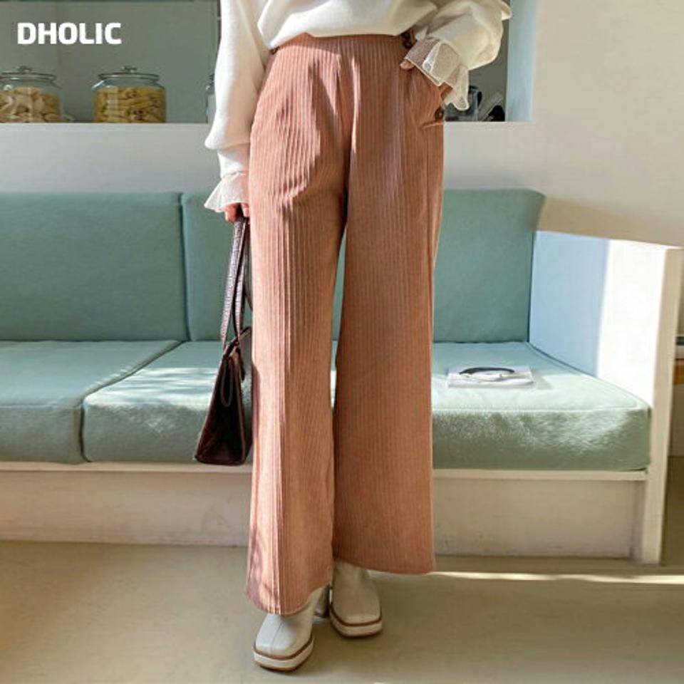 裏起毛コーデュロイボタンパンツ・全3色・b63186 レディース 【pt】韓国ファッション ボトムス ロング ロングパンツ 裏起毛 コーデュロイ ボタン ロング丈 ワイド ストレート ゴム ポケット シンプル 体型カバー 脚長 秋 冬