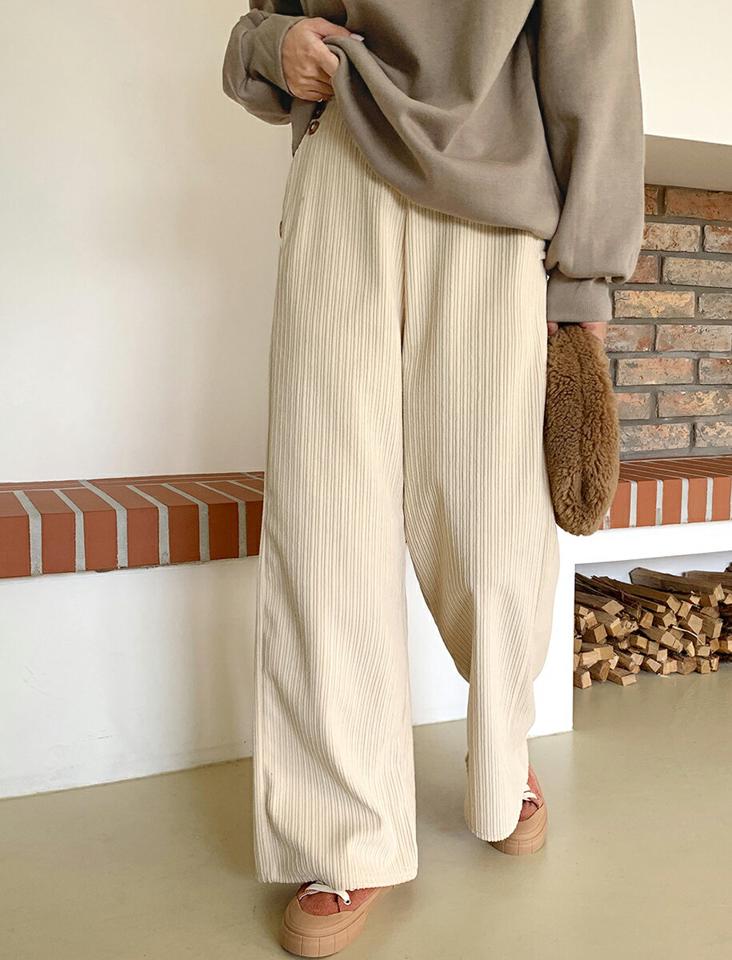 裏起毛コーデュロイボタンパンツ・全3色・b63186 レディース 【pt】韓国ファッション ボトムス ロング ロングパンツ 裏起毛 コーデュロイ ボタン ロング丈 ワイド ストレート ゴム ポケット シンプル 体型カバー 脚長 秋 冬