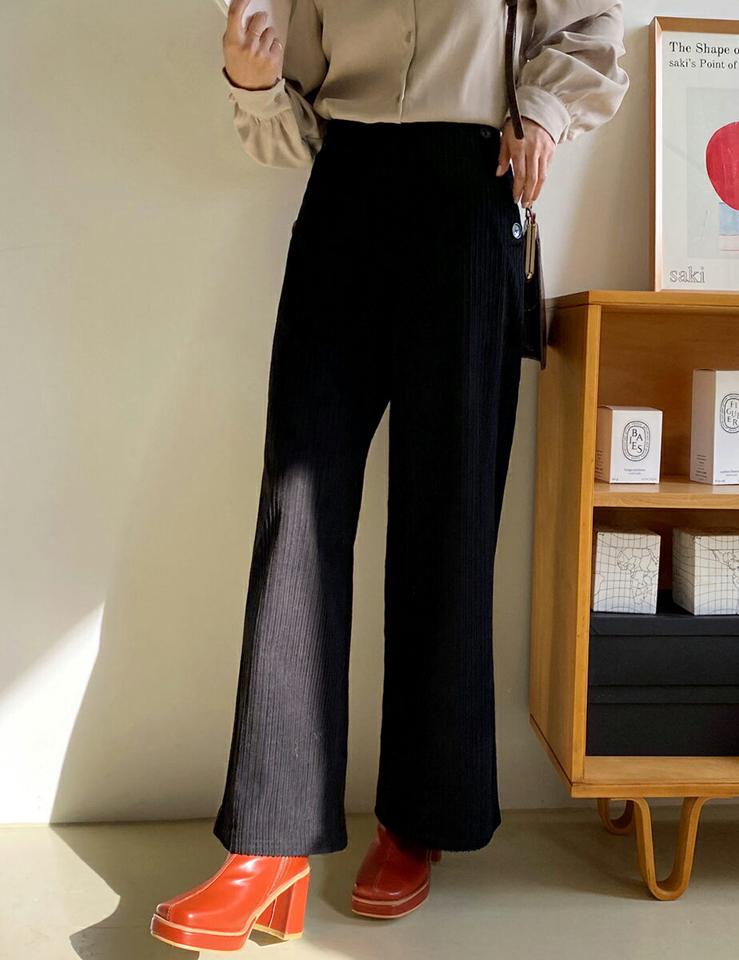 裏起毛コーデュロイボタンパンツ・全3色・b63186 レディース 【pt】韓国ファッション ボトムス ロング ロングパンツ 裏起毛 コーデュロイ ボタン ロング丈 ワイド ストレート ゴム ポケット シンプル 体型カバー 脚長 秋 冬