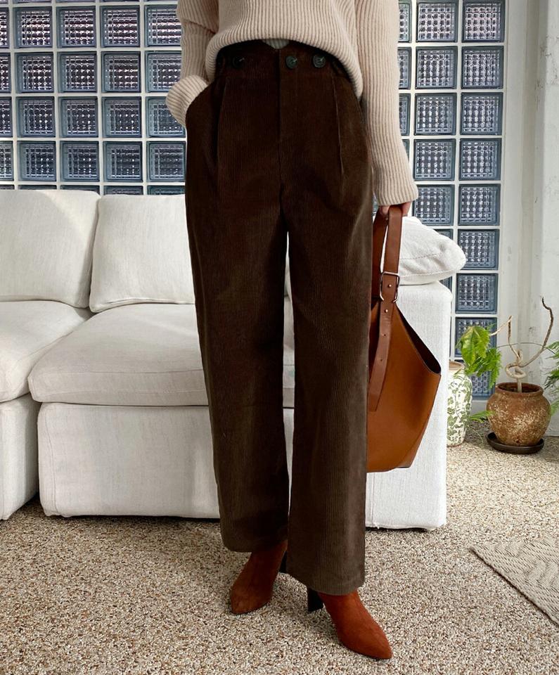 ボタンコーデュロイワイドパンツ・全3色・t00343 レディース 【pt】パンツ ズボン ロングパンツ ワイドパンツ コーデュロイ シンプル 単色 カジュアル 大人 Vカット 秋 冬 韓国ファッション ハイホリHIHOLLI