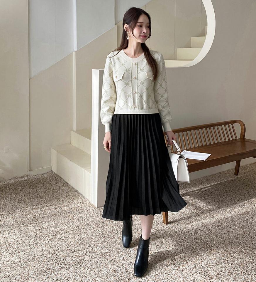 即日配送 パターンニットプリーツワンピース・全2色・b00339 レディース 【ops】ワンピース ロング丈 ロングワンピース ニット 長袖 プリーツ 大人 高級感 フェミニン パール 異素材 かわいい 秋 冬 韓国ファッション ハイホリHIHOLLI