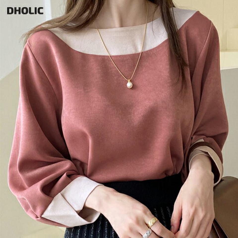 バイカラータックスリーブブラウス・全3色・t00334 レディース 【bl】トップス ブラウス 長袖 タック バイカラー シンプル 大人 上品 スエード 秋 冬 韓国ファッション ハイホリHIHOLLI