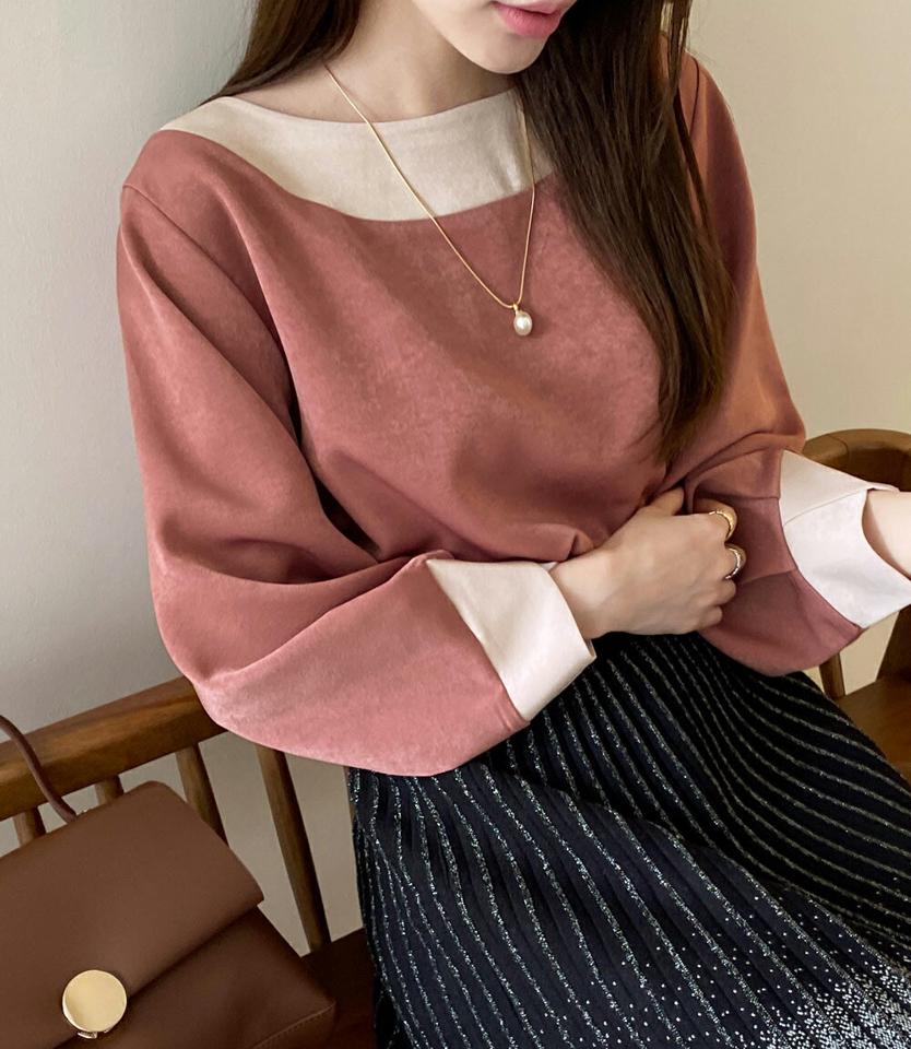 バイカラータックスリーブブラウス・全3色・t00334 レディース 【bl】トップス ブラウス 長袖 タック バイカラー シンプル 大人 上品 スエード 秋 冬 韓国ファッション ハイホリHIHOLLI