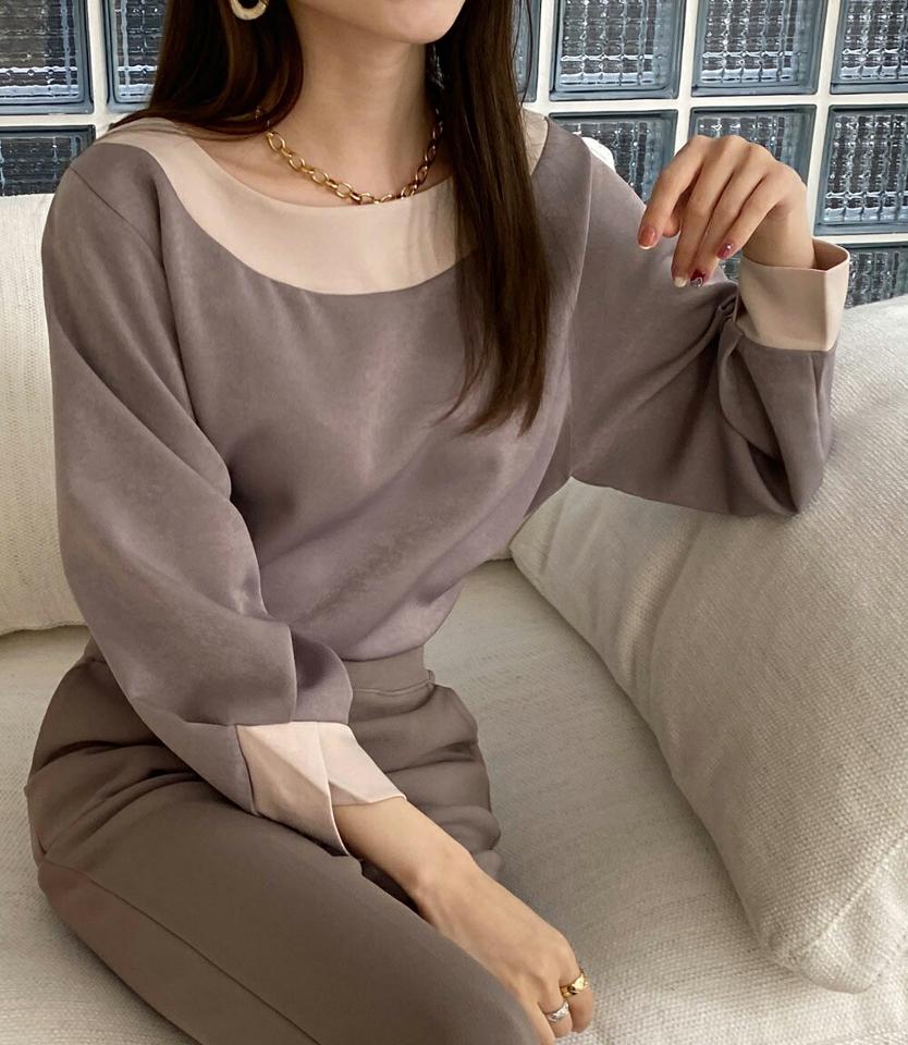 バイカラータックスリーブブラウス・全3色・t00334 レディース 【bl】トップス ブラウス 長袖 タック バイカラー シンプル 大人 上品 スエード 秋 冬 韓国ファッション ハイホリHIHOLLI