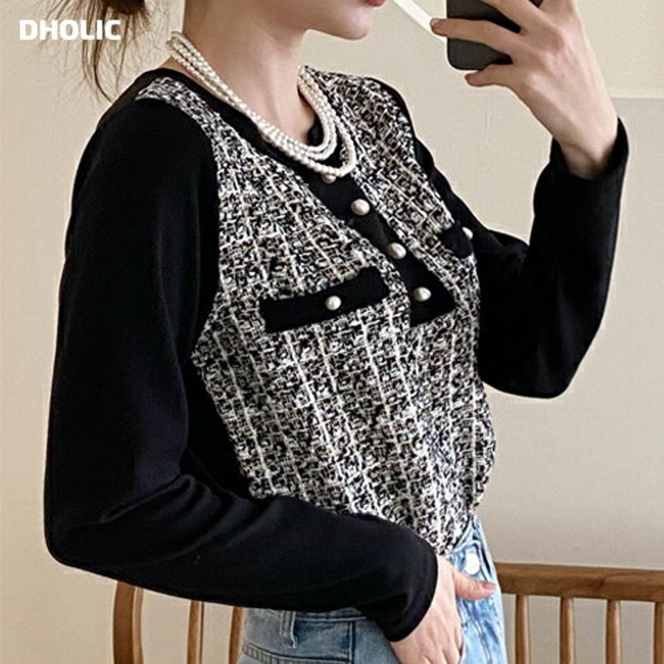 フェイクパールツイードブラウス・全3色・t00333 レディース 【bl】トップス ブラウス 長袖 ツイード パールボタン 高級感 大人 上品 フェミニン 秋 冬 韓国ファッション ハイホリHIHOLLI