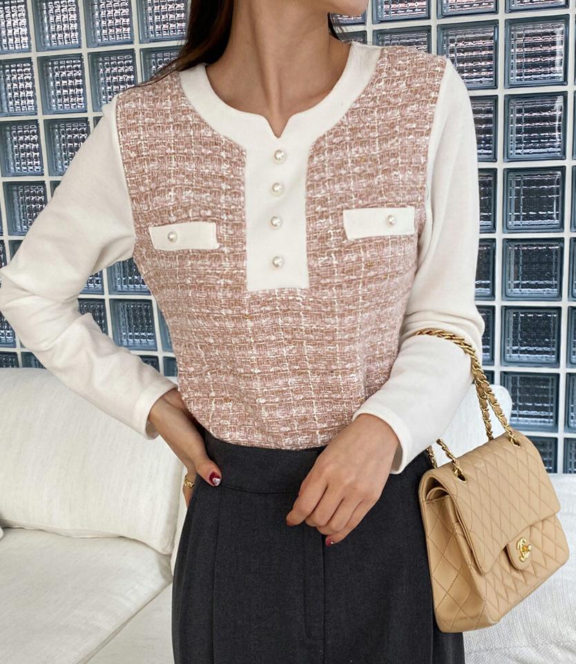 フェイクパールツイードブラウス・全3色・t00333 レディース 【bl】トップス ブラウス 長袖 ツイード パールボタン 高級感 大人 上品 フェミニン 秋 冬 韓国ファッション ハイホリHIHOLLI