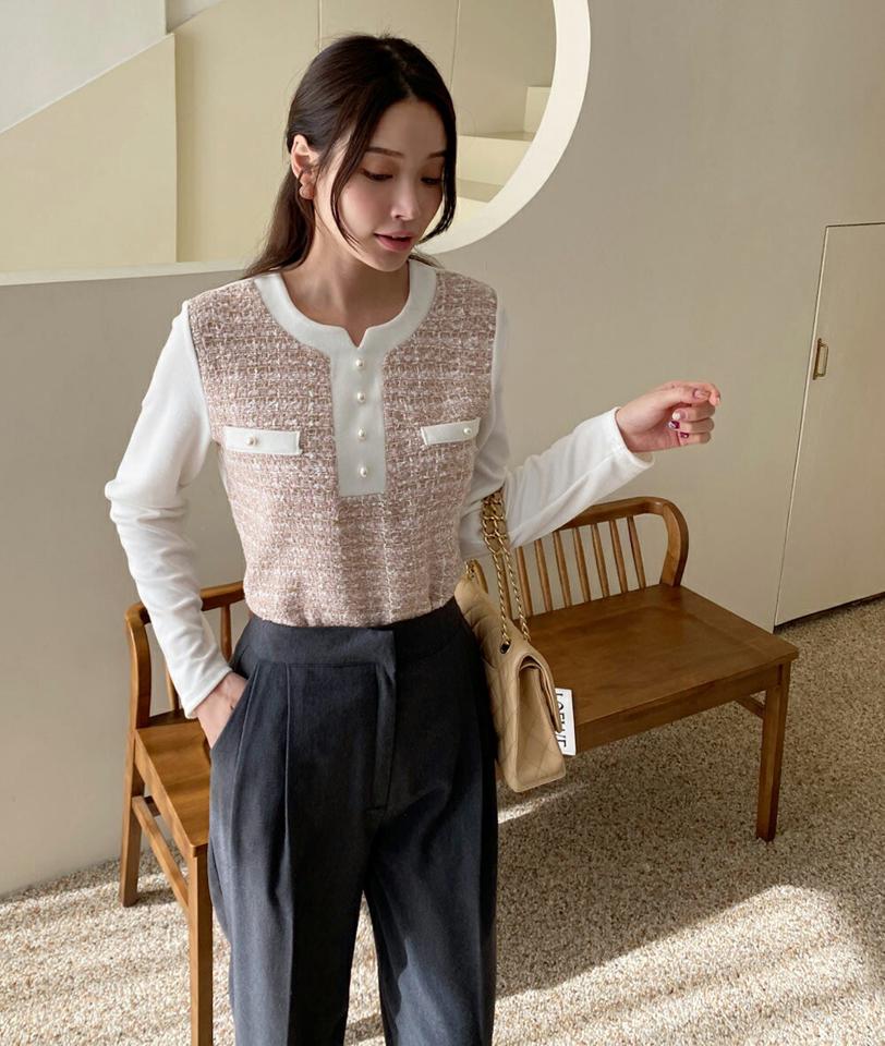フェイクパールツイードブラウス・全3色・t00333 レディース 【bl】トップス ブラウス 長袖 ツイード パールボタン 高級感 大人 上品 フェミニン 秋 冬 韓国ファッション ハイホリHIHOLLI