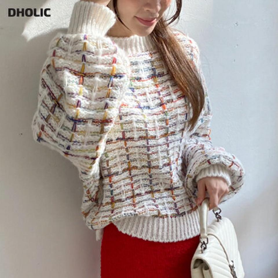 ハーフネックツイード風チェックニット・全2色・b00332 レディース 【tops】トップス ニット 長袖 ツイード ハーフネック チェック柄 大人 ドロップショルダー カジュアル ニットトップス 秋 冬 韓国ファッション ハイホリHIHOLLI