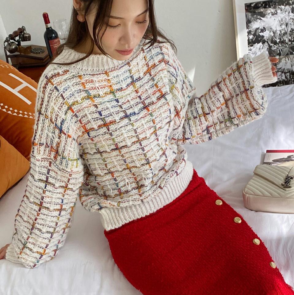 ハーフネックツイード風チェックニット・全2色・b00332 レディース 【tops】トップス ニット 長袖 ツイード ハーフネック チェック柄 大人 ドロップショルダー カジュアル ニットトップス 秋 冬 韓国ファッション ハイホリHIHOLLI