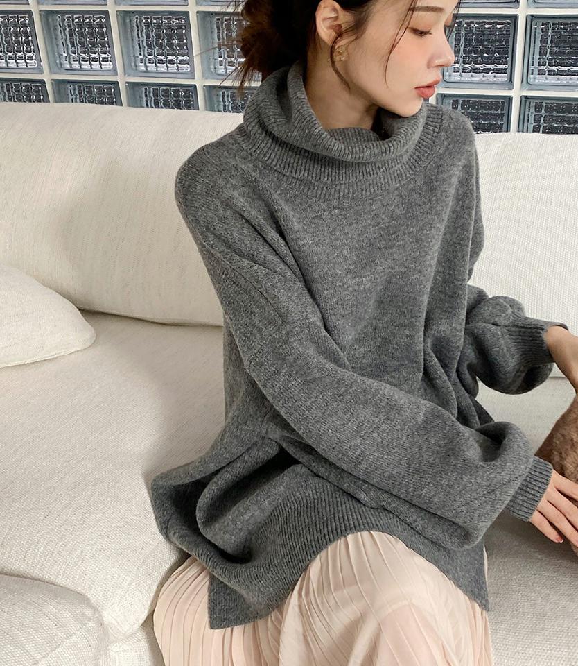 タートルネックルーズパフスリーブニット・全3色・b00331 レディース 【tops】トップス ニット 年上 長袖 パフ袖 タートルネック ハイネック 単色 無地 シンプル ベーシック ゆったり カジュアル 大人 ウール 冬 韓国ファッション ハイホリHIHOLLI