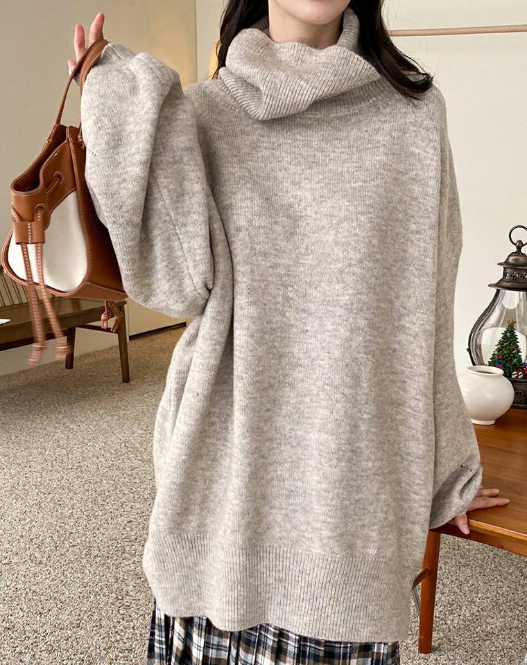 タートルネックルーズパフスリーブニット・全3色・b00331 レディース 【tops】トップス ニット 年上 長袖 パフ袖 タートルネック ハイネック 単色 無地 シンプル ベーシック ゆったり カジュアル 大人 ウール 冬 韓国ファッション ハイホリHIHOLLI