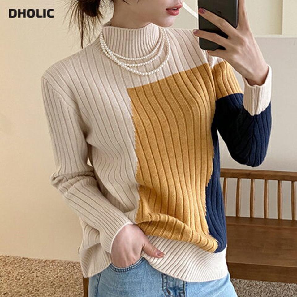 即日配送 【只今10%OFF】配色ハーフネックニット・全4色・b00330 レディース 【tops】トップス ニット 長袖 ハーフネック 配色 モダン コントラスト ソフト リブニット カジュアル 大人 ニットトップス 秋 冬 韓国ファッション ハイホリHIHOLLI【ニットセール】