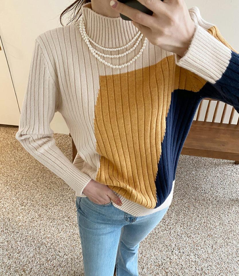 即日配送 【只今10%OFF】配色ハーフネックニット・全4色・b00330 レディース 【tops】トップス ニット 長袖 ハーフネック 配色 モダン コントラスト ソフト リブニット カジュアル 大人 ニットトップス 秋 冬 韓国ファッション ハイホリHIHOLLI【ニットセール】
