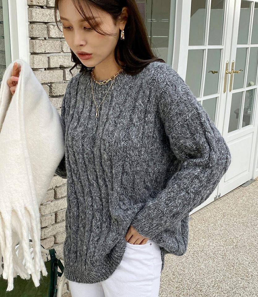 ツイスト編みメランジオーバーニット・全4色・t00329 レディース 【tops】トップス ニット 長袖 メランジ オーバーサイズ ゆったり シンプル ツイスト編み カジュアル カラーニット ラフ ウール 高級感 大人 冬 韓国ファッション ハイホリHIHOLLI