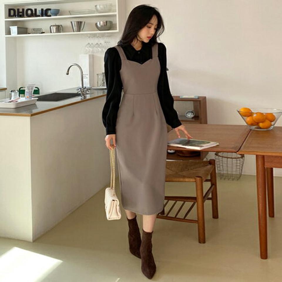 即日配送 裏起毛ハートネックビスチェワンピース・全3色・t63198 レディース 【ops】韓国ファッション ワンピース ロングワンピース ハートネック ビスチェ 裏起毛 ロング丈 無地 ベーシック シンプル スリム スリット 体型カバー カジュアル 秋 冬