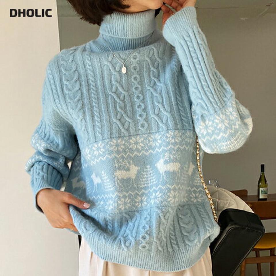 ノルディックタートルネックニット・全4色・b63175 レディース 【tops】韓国ファッション トップス 大人 長袖 タートルネック パステル ノルディック 鹿 柄ニット ケーブル編み ルーズ ゆったり カラーニット フェミニン 秋 冬