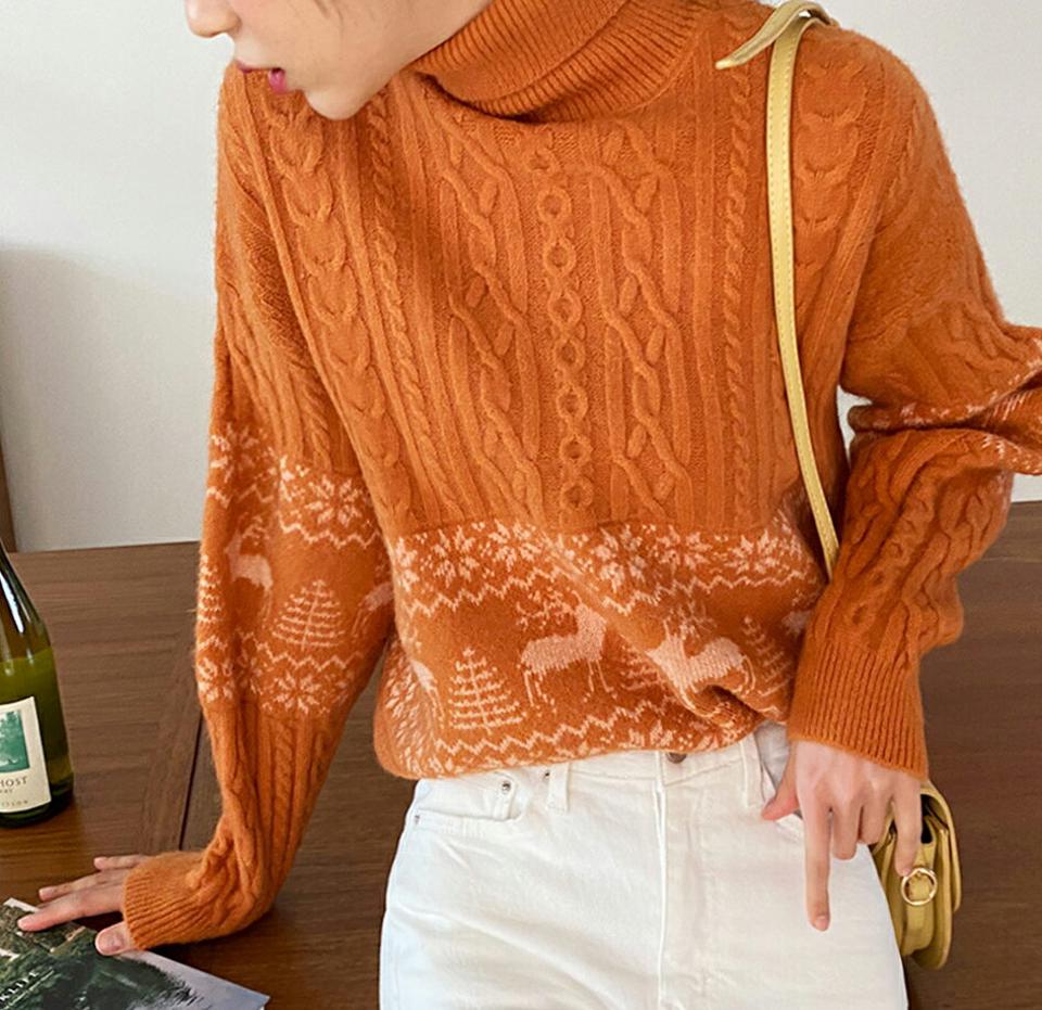 ノルディックタートルネックニット・全4色・b63175 レディース 【tops】韓国ファッション トップス 大人 長袖 タートルネック パステル ノルディック 鹿 柄ニット ケーブル編み ルーズ ゆったり カラーニット フェミニン 秋 冬