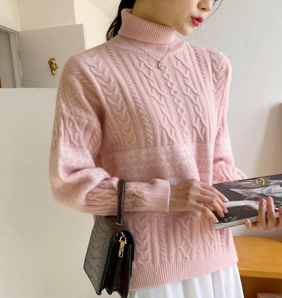 ノルディックタートルネックニット・全4色・b63175 レディース 【tops】韓国ファッション トップス 大人 長袖 タートルネック パステル ノルディック 鹿 柄ニット ケーブル編み ルーズ ゆったり カラーニット フェミニン 秋 冬