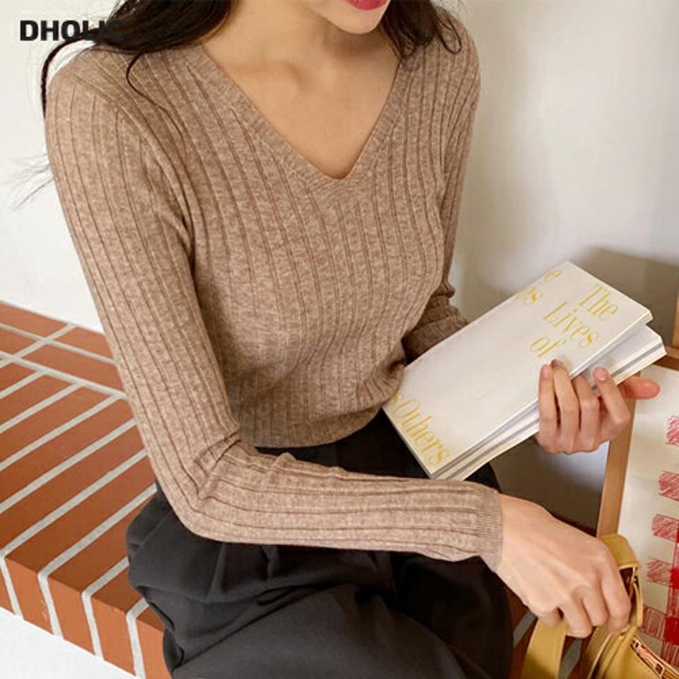 Vネックリブスリムニット・全4色・b63203 レディース 【tops】韓国ファッション トップス ニット 大人 長袖 Vネック リブ デコルテ 無地 ベーシック シンプル スリム フェミニン カジュアル デイリー ガーリー 秋 冬