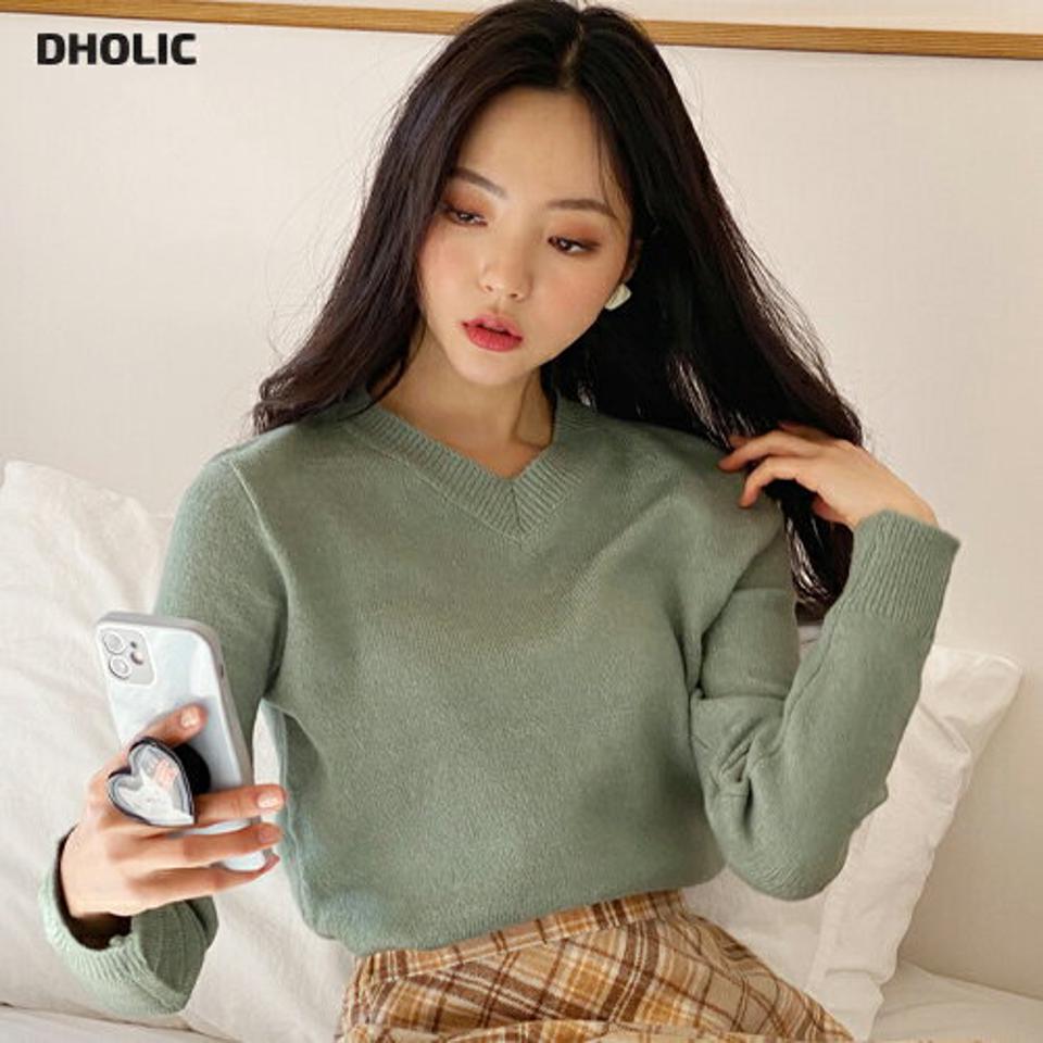 Vネックニット・全6色・t63174 レディース 【tops】韓国ファッション トップス ニット 大人 長袖 Vネック カラーニット 無地 ベーシック シンプル スリム 体型カバー フェミニン カジュアル デイリー ガーリー 秋 冬