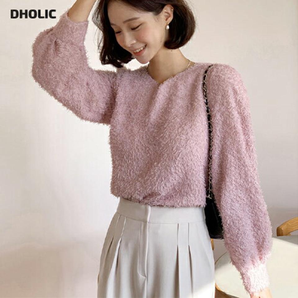 フェザー調Vネックブラウス・全3色・b63197 レディース 【bl】韓国ファッション トップス ブラウス 長袖 Vネック フェザー調 シンプル 無地 シンプル ピンク ルーズ ガーリー カジュアル フェミニン 秋 冬