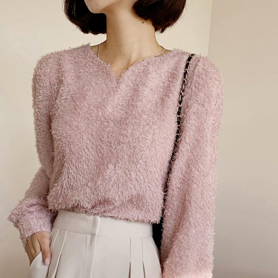 フェザー調Vネックブラウス・全3色・b63197 レディース 【bl】韓国ファッション トップス ブラウス 長袖 Vネック フェザー調 シンプル 無地 シンプル ピンク ルーズ ガーリー カジュアル フェミニン 秋 冬