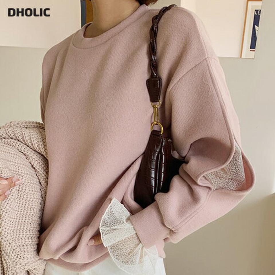 ≪人気商品再入荷≫起毛スリットレースTシャツ・全3色・t63166 レディース 【tops】韓国ファッション トップス Tシャツ 大人 長袖 ラウンドネック 起毛 スリット レース 無地 シンプル カジュアル ルーズ 体型カバー 細身 フェミニン デイリー 秋 冬