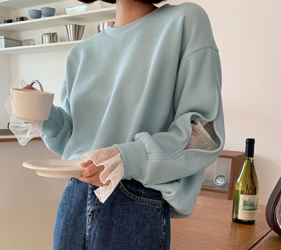 ≪人気商品再入荷≫起毛スリットレースTシャツ・全3色・t63166 レディース 【tops】韓国ファッション トップス Tシャツ 大人 長袖 ラウンドネック 起毛 スリット レース 無地 シンプル カジュアル ルーズ 体型カバー 細身 フェミニン デイリー 秋 冬