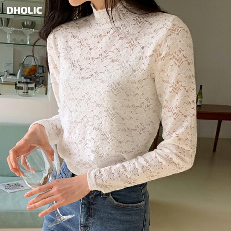 フラワーレースハーフネックブラウス・全3色・t63164 レディース 【bl】韓国ファッション トップス ブラウス 長袖 ハーフネック フラワー 花柄 レース シンプル カジュアル スリム 体型カバー ガーリー 秋 冬