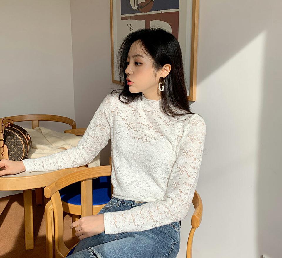 フラワーレースハーフネックブラウス・全3色・t63164 レディース 【bl】韓国ファッション トップス ブラウス 長袖 ハーフネック フラワー 花柄 レース シンプル カジュアル スリム 体型カバー ガーリー 秋 冬