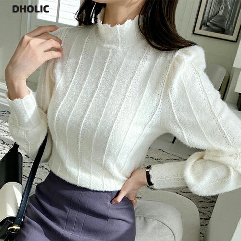 ハーフネックレースブラウス・全3色・b70924 レディース 【bl】トップス ブラウス 長袖 レース ハーフネック シンプル 上品 大人 きれいめ パフスリーブ パフ袖 スカラップ 秋 冬 韓国ファッション ハイホリHIHOLLI