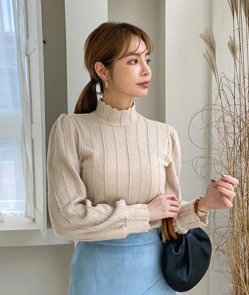 ハーフネックレースブラウス・全3色・b70924 レディース 【bl】トップス ブラウス 長袖 レース ハーフネック シンプル 上品 大人 きれいめ パフスリーブ パフ袖 スカラップ 秋 冬 韓国ファッション ハイホリHIHOLLI