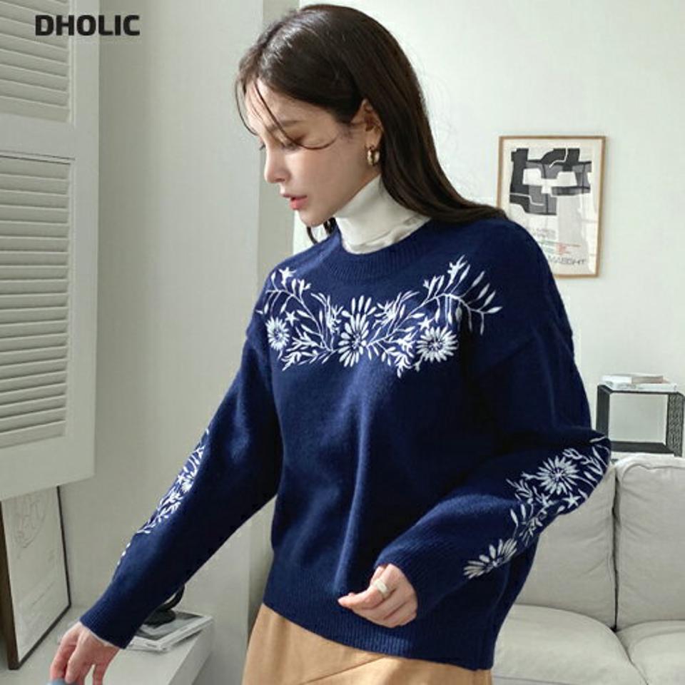フラワー刺繍ラウンドニット・全2色・b70981 レディース 【tops】トップス ニット 長袖 ラウンドネック 刺繍 花柄 可愛い かわいい 大人 モダン ドロップショルダー 秋 冬 韓国ファッション ハイホリHIHOLLI