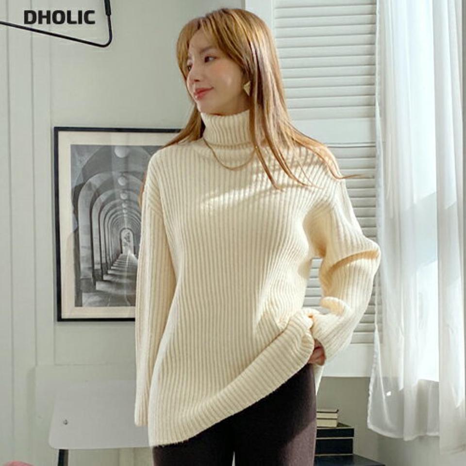 タートルネックロングリブニット・全4色・b71076 レディース 【tops】トップス 長袖 ニットトップス タートルネック ロング丈 単色 無地 シンプル ベーシック カジュアル ラフ 冬 韓国ファッション ハイホリHIHOLLI
