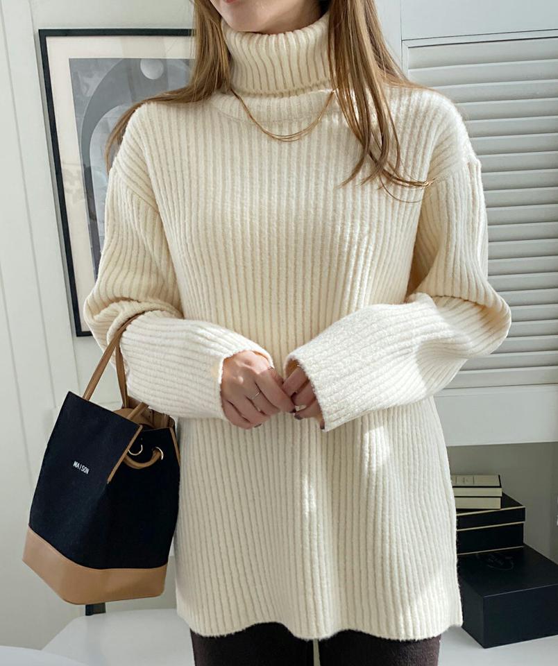 タートルネックロングリブニット・全4色・b71076 レディース 【tops】トップス 長袖 ニットトップス タートルネック ロング丈 単色 無地 シンプル ベーシック カジュアル ラフ 冬 韓国ファッション ハイホリHIHOLLI