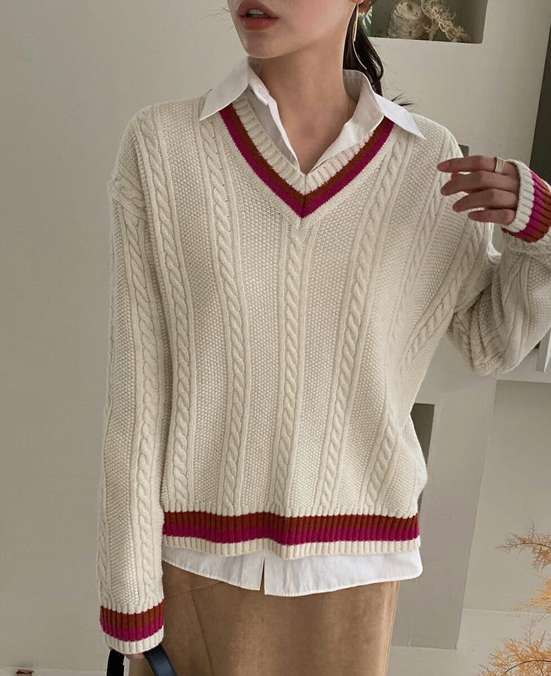 ケーブルチルデンニット・全4色・70927 レディース 【tops】トップス ニット 年上 長袖 ケーブルニット チンデン 配色 大人 きれいめ シック カレッジ風 ラフ 秋 冬 韓国ファッション ハイホリHIHOLLI
