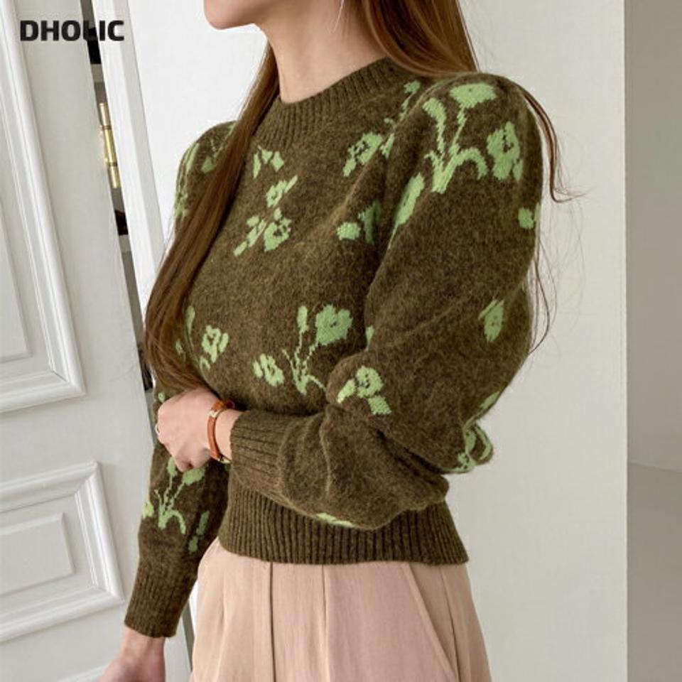 【マラソン特価】配色フラワークロップドニット・全3色・b70931 レディース 【tops】トップス ニット 長袖 年上 クロップド丈 短丈 花柄 クロップド丈 カジュアル ラフ クロップド丈ニット ニットトップス 冬 韓国ファッション ハイホリHIHOLLI